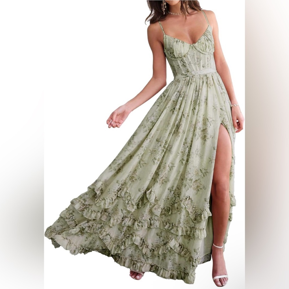Elegant Green Floral Maxi Dress